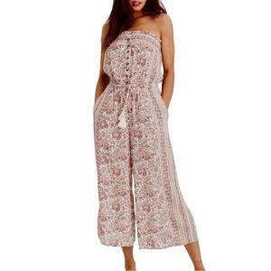 American Eagle Boho Tube Top Floral Pink Wide Leg Cropped Jumpsuit